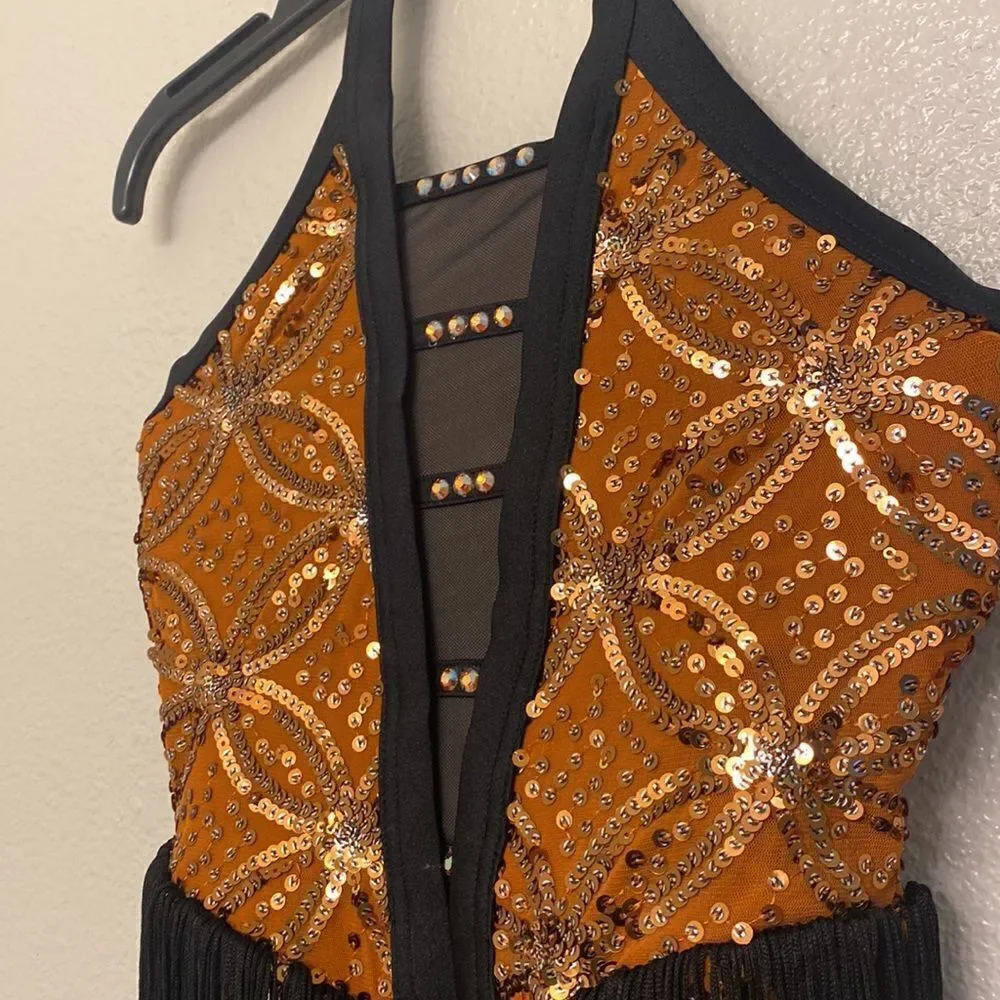 Weissman dance costume Orange sequin fringe flapper Clap Clap D12551 IC 7/8